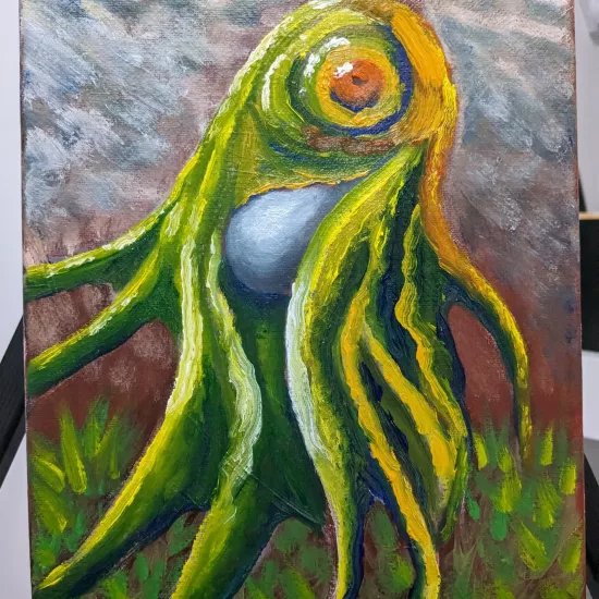 Arizona Flying Vampire Squid Clutching Egg,
Oil on Canvas Painting,
10 H x 8 W x .8 in Arizona Flying Vampire Squid Clutching Egg