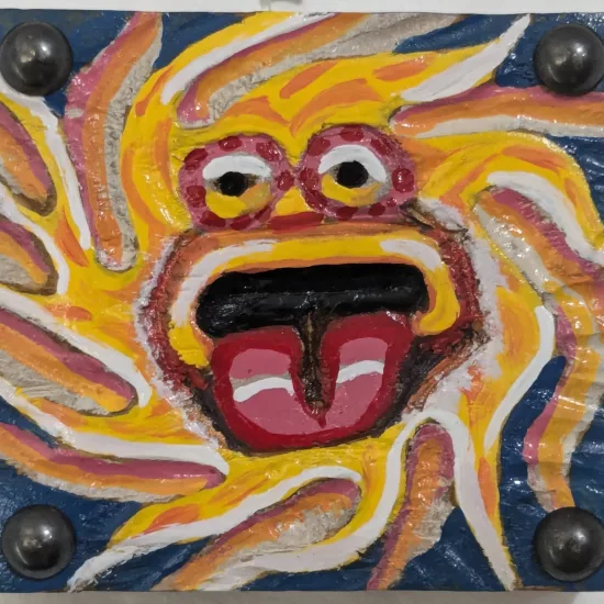 Day Guardian,
Oil Enamel on Wood Painting,
3.5 H x 3.75 W x .75 in "Day Guardian" by Art Ramon