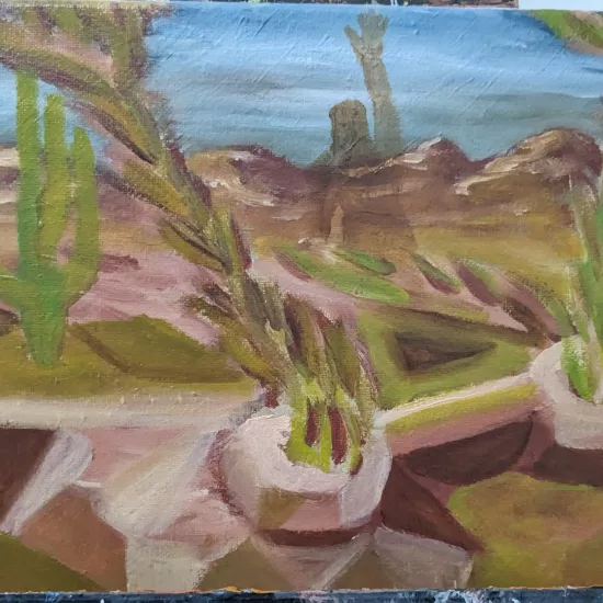 Arizona Apeman Monsoon Scouting,
Oil on Canvas Painting,
8 H x 10 W x .8 in In the sprawling, arid landscapes of Arizona, the infamous Arizona Apeman prepared for an adventure that was both thrilling and essential. Known among the few who believed in his existence for his elusive nature and extraordinary intelligence, the Apeman had chosen a secluded mountaintop to cloak his scout ship. This ship, a marvel of technology invisible to the human eye, served as his gateway between worlds. As the first signs of the monsoon season brewed on the horizon, dark, ominous clouds gathering with promises of torrential rains, the Apeman set out. His mission was simple yet critical: to scout the changing landscape under the veil of the monsoon, a period when the desert transformed, revealing secrets that were concealed in the dry season. Equipped with tools from his world and the instincts honed on Earth, he easily navigated the rugged terrains. His eyes, adapted to the stark sunlight of both his home planet and the Arizona desert, now scanned the environment under the diffused light of the stormy skies. The monsoon brought with it a symphony of sounds—a cacophony of thunder, the hissing of rain assaulting the parched earth, and the calls of creatures that emerged to revel in the wetness. Each observation, every subtle change noticed, was meticulously recorded in his device. The Apeman was particularly intrigued by the way water coursed through the ancient riverbeds, long dry but now suddenly burgeoning with life and vigor. The flora responded almost instantly to the moisture, and the fauna was quick to follow, a burst of life in the once still desert. The journey was not without its challenges. The monsoon, revered and feared by the locals, was unpredictable and at times perilous. Flash floods transformed tranquil streams into raging torrents, and the winds could shift as swiftly as thought. Yet, these were the moments the Apeman thrived upon—adapting, learning, and understanding Earth’s primal rhythms. As he ascended back to his cloaked ship, stationed securely away from human eyes, the Apeman reflected on his findings. This monsoon scouting trip, like many of his ventures, was a bridge between his world and Earth—a pursuit of knowledge.