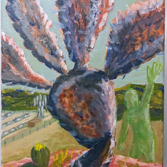 Arizona Ape-man Visits Solar Farm,
Oil on Canvas Painting,
10 H x 8 W x .8 in In the blazing heart of the Arizona desert, where the sun is an unrelenting force, the Arizona Apeman embarked on a new and curious mission. His target was a sprawling solar farm, an expanse of reflective panels that harvested the sun’s energy. It was a landscape unlike any other, a testament to human ingenuity that intrigued the Apeman deeply. With his scout ship cloaked on a distant ridge, he approached the farm under the golden hues of dawn, blending seamlessly with the shadows. The Apeman was fascinated by the solar panels that stretched endlessly, mirroring the sky. He moved silently among them, his presence unnoticed by the few early workers performing their morning checks. His otherworldly senses were attuned not just to the visual spectacle but also to the subtle energies emitted by the solar farm. Each panel, a giant leaf turning its face to the sun, resonated with a hum of captured photons, a sound unheard by human ears but a symphony to the Apeman. His mission was to understand how humans captured and converted solar energy, comparing it to similar technologies of his world. He wondered at the potential of such farms, not just on Earth but as a concept that could be replicated on other planets, perhaps even his own. With meticulous detail, he recorded the layout of the panels, the inverters, and the storage units, intrigued by the efficiency and simplicity of the design. As the sun climbed higher, its rays became more intense, shimmering off the metal and glass with blinding brilliance. The Apeman felt a kinship with this power, a primal connection to the solar energy that was both life-giving and life-sustaining. He pondered on the paradox of Earth’s inhabitants—capable of such profound creations yet often blind to the simpler truths of their own existence. However, his exploration was not without risks. The Apeman had to be constantly aware of the surveillance systems. His cloaking device, while effective, was not infallible against the most advanced human technology. With careful steps, he maneuvered around cameras and avoided the automated drones that occasionally buzzed overhead like curious insects. The day wore on, and his exploration ended.