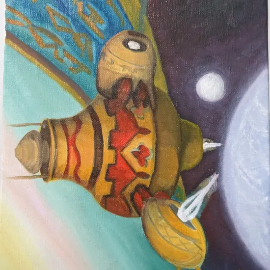 Navajo Nation Starship Approaching Stargate,
Oil on Canvas Painting,
10 H x 8 W x .8 in In the inky vastness of space, beyond Earth’s shimmering atmosphere, the Navajo Nation Starship—bearing the proud name "Hózhǫ́ Najin," meaning "Walk in Beauty"—approached the colossal Stargate, a marvel of both human ingenuity and celestial mystery. Adorned with intricate patterns and symbols from Navajo art, the spacecraft’s hull reflected the rich cultural tapestry of its people, blending traditional aesthetics with futuristic technology. As the starship neared the Stargate, its crew prepared for a journey unlike any before. The destination was woven into Navajo folklore, a mythical planet called "Nihalgai," the White World, described as a place of harmony, abundant resources, and uninterrupted peace. According to legend, it was a sanctuary for the Navajo people during times of cosmic imbalance, accessible only through a portal that bridged the physical and spiritual realms. Captain Yiska, whose name means "The Night Has Passed," gazed through the command deck's viewport at the rotating rings of the Stargate, its glyphs glowing with an ethereal light. He thought of his grandmother's ancient stories, tales of the Hero Twins who once ventured into the skies to shape the heavens and Earth for their people. Today, he and his crew were both explorers and custodians of these ancestral narratives, tasked with rediscovering a forgotten path through the stars. The ship's engines hummed softly as "Hózhǫ́ Najin" aligned with the Stargate's center, and a deep thrum pulsed through the hull—the gateway activating at their approach. The crew watched in awe as a tunnel of brilliant light formed ahead, a swirling vortex of colors that defied the black void around them. With a steady voice, Captain Yiska ordered the final checks before they would thrust into the unknown. "Let us walk in beauty," he declared, invoking the central ethos of his culture as the starship began its passage through the Stargate. Behind them, Earth diminished into a distant blue dot, and ahead, the possibilities of Nihalgai awaited—ready to unfold the secrets of the Navajo cosmos, and perhaps, reveal new truths about the universe itself.