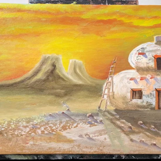 Thunder Serpent Over Broken Horns,
Oil on Canvas Painting,
8 H x 10 W x .8 in Under the eerie, otherworldly twilight of the Mesa Verde Museum, a peculiar blend of history and futurism unfolds. The adobe structure, ancient yet adapted, stands as a testament to resilience and evolution. Its walls, once a homestead, now echo with the whispers of the past, preserved under the museum's sign. A handicapped parking space, starkly modern, reinforces the narrative of inclusivity and accessibility, blending seamlessly with the ancient architecture. In the foreground, the sleek, metallic lines of a Tesla Cybertruck, emblazoned with "NNSA" for Navajo Nation Space Administration, gleam under the muted sun. Beside it, a Navajo man, his traditional attire juxtaposed with the futuristic vehicle, stands in awe. His gaze is fixed on the sky, where a convoy of V-shaped UAPs—known as the Phoenix Lights—snakes across the horizon, casting an otherworldly glow. His faithful rez dog, sensing the extraordinary, barks at the sky, adding a touch of the mundane to the surreal scene. In the distance, the towering formations of Broken Horns loom, their majestic presence a stark reminder of the land's ancient origins. Between these natural sentinels, a futuristic Navajo Nation city begins to take shape, a vision of what could be—a harmonious blend of tradition and technology. The cityscape, a beacon of progress, sits comfortably within the rugged landscape, its buildings mirroring the natural formations. As the day progresses, the once-clear sky darkens with the approach of the Thunder Serpent. This mythical convoy, its red lights flickering ominously, glides silently above the Broken Horns, casting long shadows over the land. The museum, the Cybertruck, and the man and his dog are all bathed in this spectral light, frozen in awe and wonder.