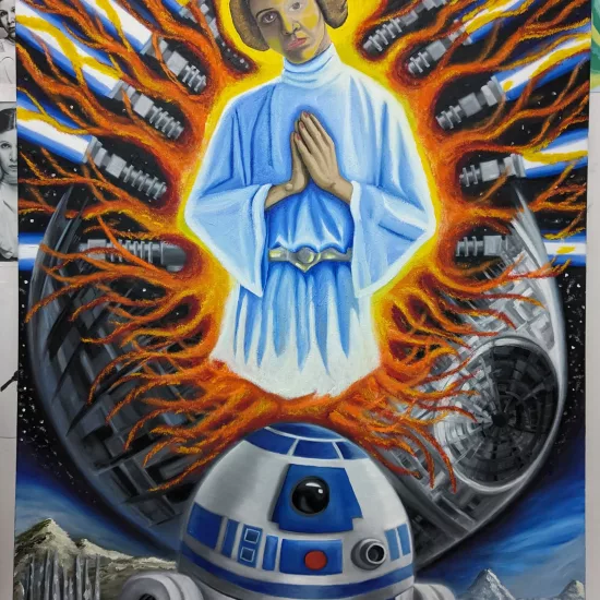 Our Lady of Alderaan,
Oil on Canvas Painting,
48 H x 36 W x .8 in In a distant galaxy, amidst the vastness of space, a divine figure stood at the center of an unfolding cosmic saga. Clad in pristine white robes, her serene countenance radiated wisdom and grace. Her hair, styled in intricate buns, framed a face marked by both gentleness and strength. As she clasped her hands together in a gesture of peace, a halo of fiery energy encircled her, illuminating the darkness with an ethereal glow. Surrounding her were numerous lightsabers, each blazing with intense blue flames, symbolizing the hope and resistance of countless warriors. They spun and danced around her, creating a protective barrier against the encroaching shadows of tyranny and oppression. Beneath her, a faithful and steadfast droid gazed upward, its domed head reflecting the light of her aura. This loyal companion, known as R2-D2, had journeyed through perilous trials and harrowing adventures, always guided by an unyielding sense of duty and friendship. Behind them, the colossal Death Star loomed ominously, its stark metal surface contrasting sharply with the vibrant energy surrounding the celestial figure. The Death Star, a symbol of ultimate destruction, represented the ever-present threat of the dark forces seeking to dominate the galaxy. In the distance, rugged mountains and ancient ruins bore witness to the countless battles fought and the resilience of those who had resisted the darkness. The landscape, both scarred and beautiful, told stories of bravery and sacrifice. Together, the divine figure and her mechanical companion embodied the enduring spirit of hope and resistance, a beacon of light against the overwhelming tides of darkness. Their presence in the galaxy was a testament to the power of unity, courage, and unwavering faith in the face of insurmountable odds.