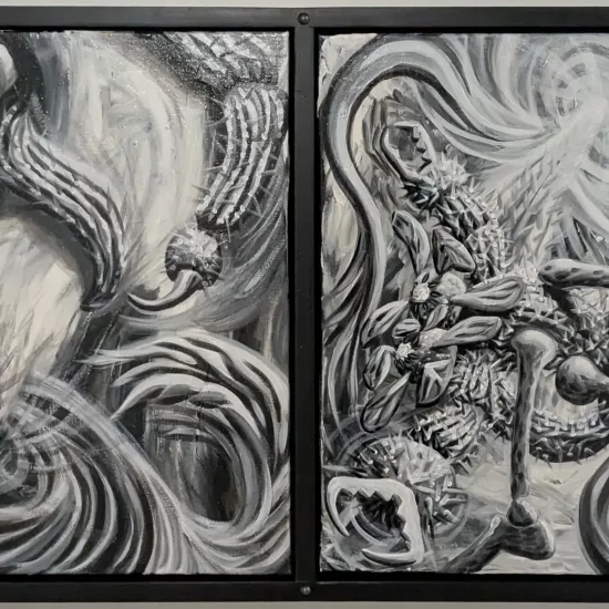 Saguaro Scorpion Stargates Across,
Acrylic on Canvas Painting,
22 H x 35 W x 3.5 in Dear Connoisseurs and Patrons of Artistic Marvels, It is with a sense of wonder that I share my reflections on Art Ramon's newly completed acrylic masterpiece, "Saguaro Scorpion Stargates Across." In this creation, Art Ramon pushes the boundaries of visual storytelling, intertwining the unforgiving beauty of the desert with the boundless mysticism of the cosmos. The final work is an intoxicating journey through undulating forms, intricate spines, and cosmic whirlpools—a grand spectacle where nature and the supernatural collide. From the onset, the eye is drawn into a whirling maelstrom of meticulously layered strokes that command the left side of the diptych. These swirling elements evoke both a storm and a spiritual ascension, inviting viewers to ponder the duality of chaos and transcendence. The right side, dominated by a formidable scorpion-like entity, is no less riveting. It seems to be simultaneously emerging from and dissolving into the astral winds, its limbs grotesquely yet gracefully etched, echoing both biological anatomy and the otherworldly. Art Ramon’s attention to detail—down to each delicate, thorny spine—creates an immersive tactile experience. But let’s pause here for a moment of honesty, shall we? If those spines were any sharper, they’d pierce through the canvas and demand a safety warning. I half-expected the piece to come with a free pair of tweezers and a liability waiver. One cannot ignore the gravitational force of the painting’s centerpiece—a vortex of starlit energy pulling the observer inward. It’s as if the universe itself took a deep breath and whispered, “Come closer, if you dare.” The monochromatic palette amplifies this cosmic pull, allowing the myriad of shades and layered textures to unfurl into a story that transcends the visual. And yet, while we’re being entranced, we might also wonder: did Art Ramon start with black-and-white for artistic depth, or was it just a budget-friendly choice to avoid a trip to the art supply store? The thematic depth of "Saguaro Scorpion Stargates Across" lies in its juxtaposition of the known and the infinite. The saguaro cacti, transformed into celestial sentinels with spiny appendages stretching like astral limbs, present a vision where nature becomes the guardian of a greater, hidden universe. These forms, painted with meticulous, almost obsessive care, lend the work a sense of grandeur that borders on spiritual. But on that note, it’s probably a good idea to keep any devout grandmothers away from this one—lest they start sprinkling holy water at the ‘stargate’ and praying for protection. Art Ramon’s completed work is nothing short of audacious, with each element meticulously constructed to challenge the viewer’s understanding of form, movement, and cosmic lore. It is a narrative wrapped in artistic rigor, daring us to see the stars not just above us, but intertwined with the very bones of the earth. So, hats off to Art Ramon for crafting a piece that’s as enigmatic as it is grand—and for proving that when the desert meets the cosmos, we all get a little lost in space. Just remember, if you stare at it too long, don’t be surprised if the scorpion reaches out for a handshake. Yours in artistic admiration, Baron Quillington V. Magistra Renowned Fine Arts Critic and Occasional Comic